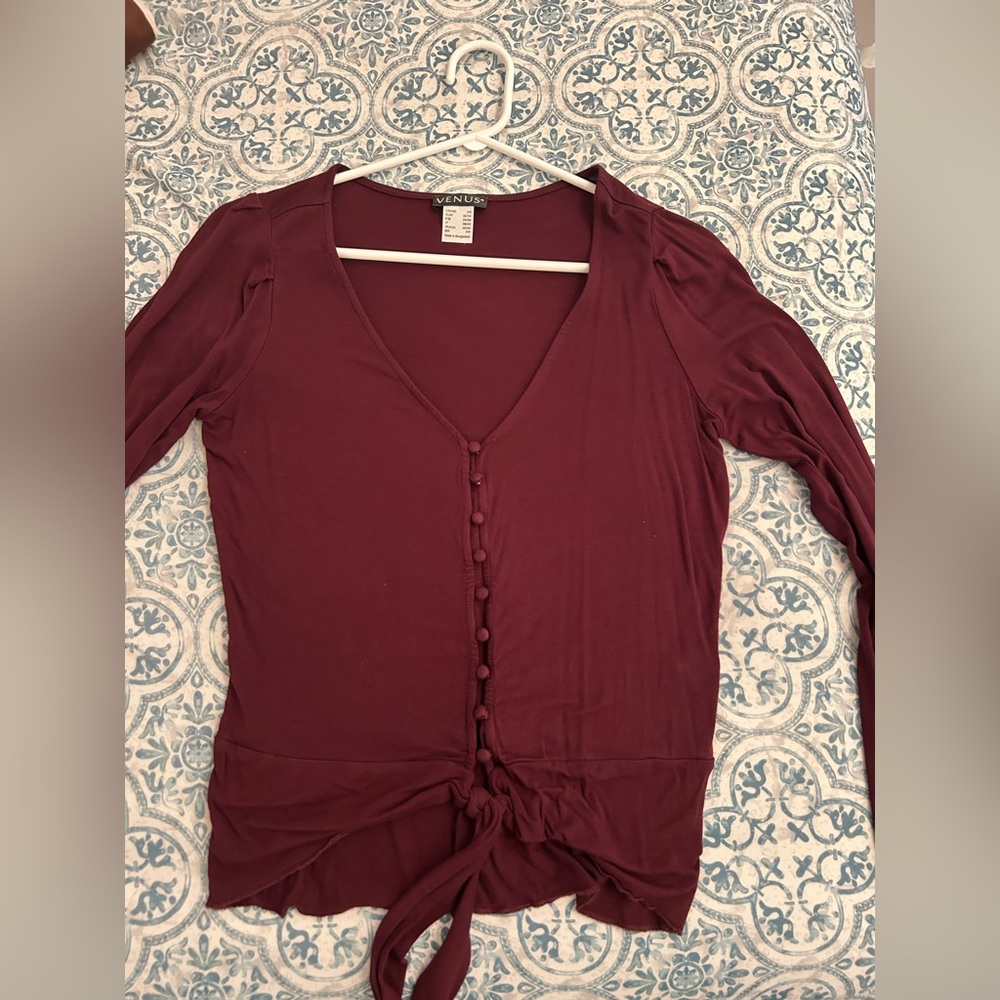 Venus Wine Red Artificial Button-Down Top